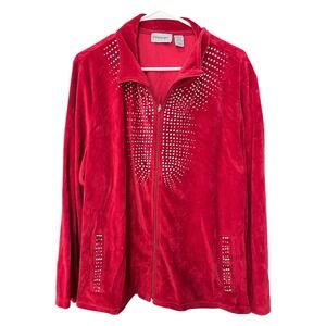 Glitterscape 2X Red Velour Rhinestone Zip Up Track Jacket Y2K Glam McBling Retro